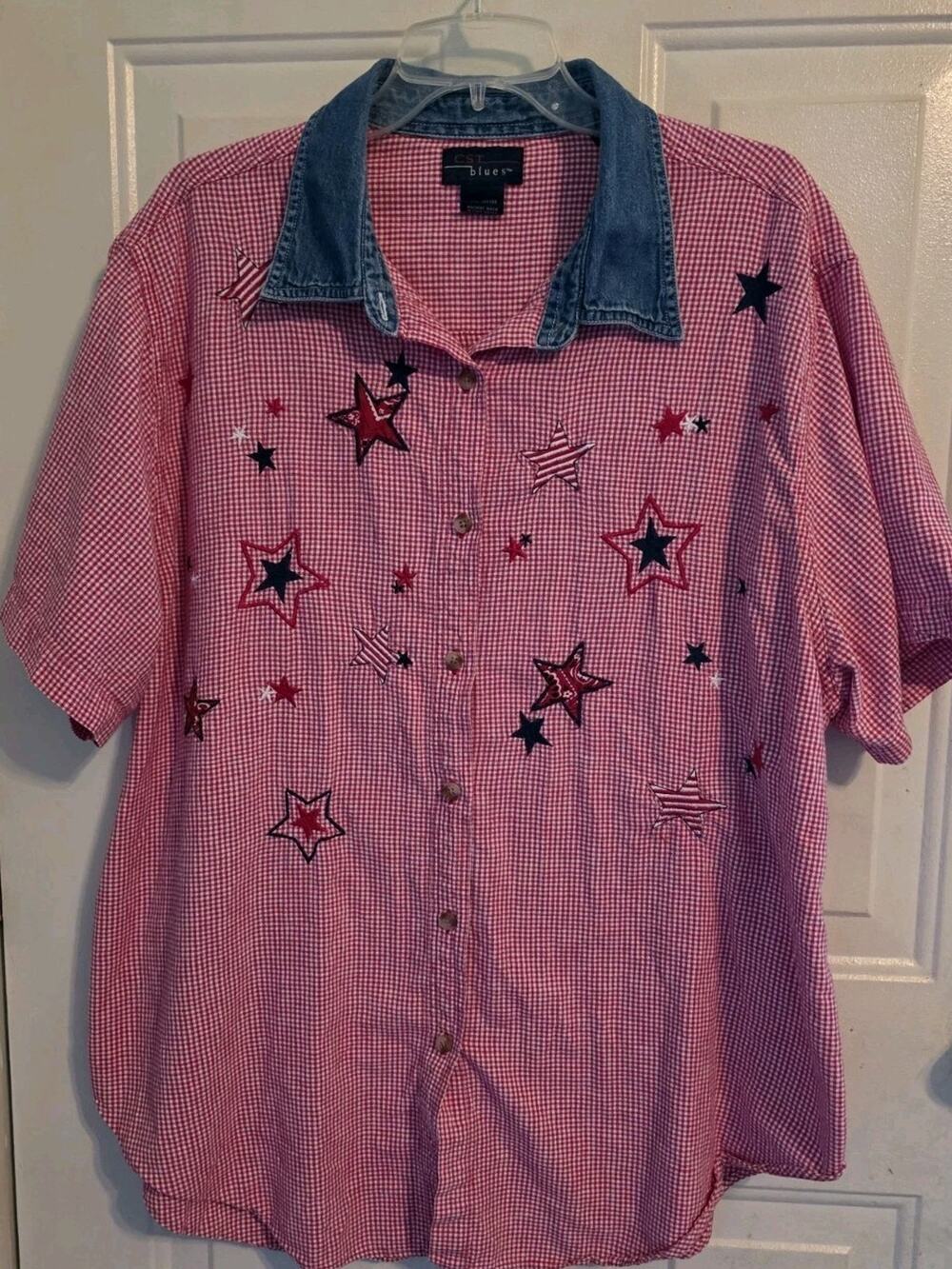 Vtg 90s CST Blues Red Gingham Star Embroidered Button Up Top USA Patriotic 24